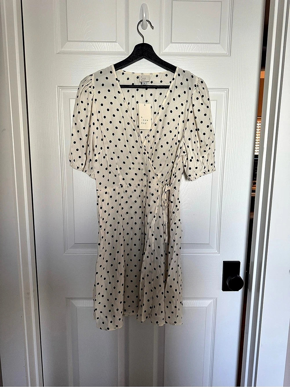A New Day Short Sleeve Midi Wrap Dress Polka Dot White & Black